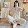 Short-Sleeved Pajamas Three-Piece Korean Version Of Sweet And Cute Cardigan Women'S Loungewear