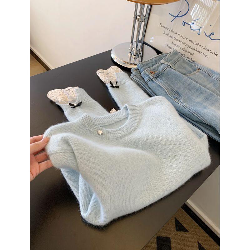 

Han Li Han Qi Super Nice Milk Huhoo Sweet High Sense Knit sweater Women Autumn and Winter Soft Glutinous Lace Edge Top Thick Blue 2XL(Suggested 65.00 kg-75.00 kg)