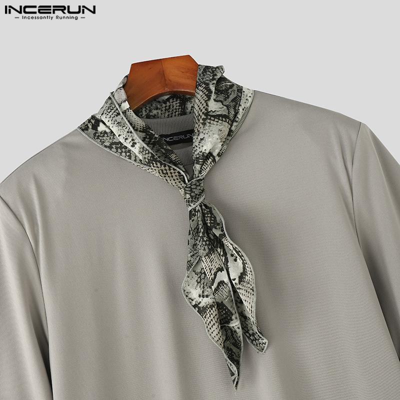INCERUN Mens Tie Up Short Sleeve Leopard Stitching Casual T-shirts Tops