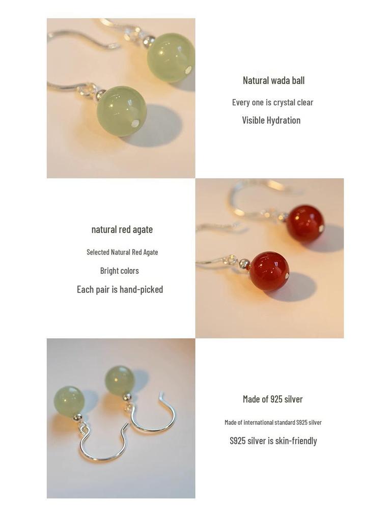 Hetian Jade and Red Agate Earrings - S925 Silver, Vintage High-End Design for Women, Autumn/Winter 2023
