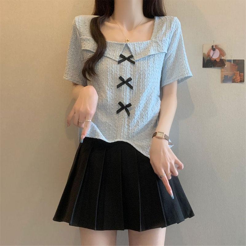 Damenbekleidung Pullover mit eckigem Ausschnitt Stilvoll Süße Schleife Sommer Elegant Slim Kurzarm Basic Einfarbig Unregelmäßige T-Shirts