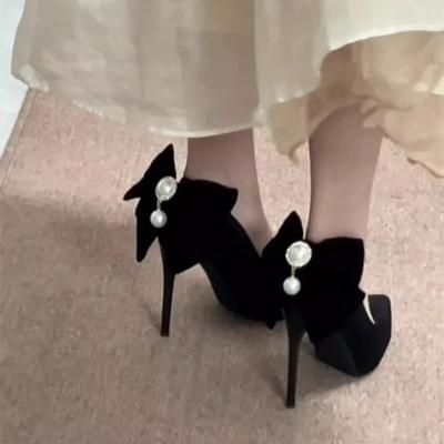 2025 New Banquet Bow Pointy Temperament Beautiful High Heels Black with Skirt Fashion Light Mouth Single Shoes