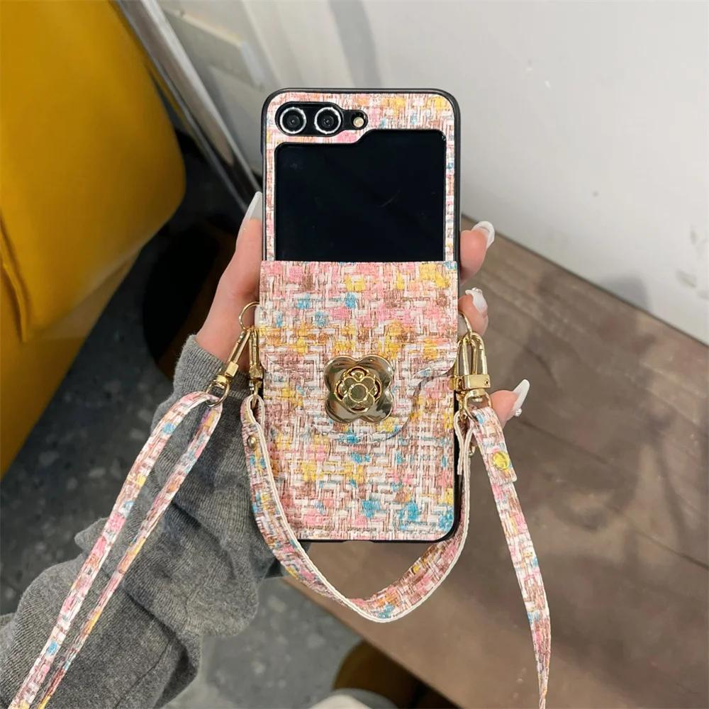 

Чехол-кроссбоди для телефона Samsung Galaxy Z Flip 6 5 4 3 Flip6 Flip5 Flip4 Flip3 5G держатель для карт Регулируемый ремешок плетеный кожаный чехол For Samsung Galaxy Z Flip 5