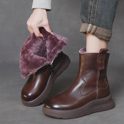 Damen Winterstiefel im Retro-Stil mit dicker Sohle aus Rindsleder und Wolle für den 2024er-Winter