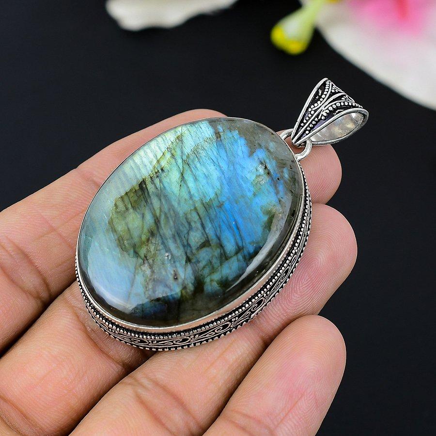 Labradorite Gemstone Handmade 925 Sterling Silver Jewelry Pendant 2.60" KG-92