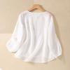 Women's Cotton Linen Long Sleeve Embroidered Neck Retro T-Shirt Color Breathable