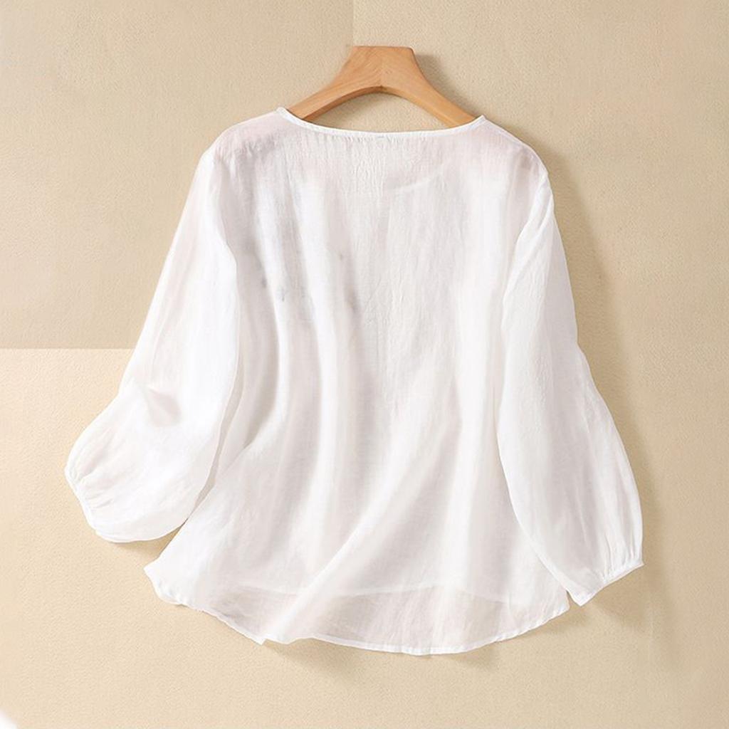 Women's Cotton Linen Long Sleeve Embroidered Neck Retro T-Shirt Color Breathable