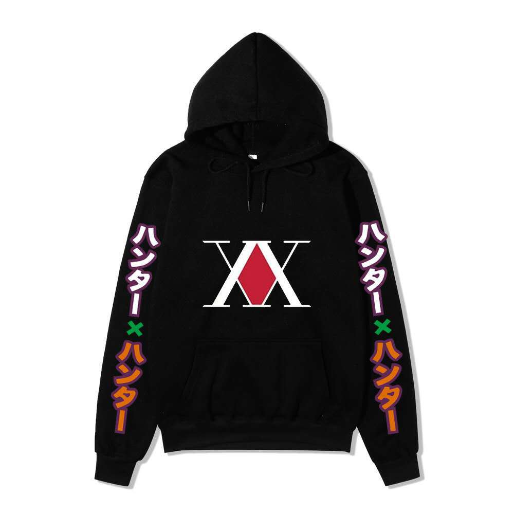 Hunter X Hunter XX Logo Hoodie Color Japanese Vertical Sleeve Print Black Anime Pullover Sweatshirt