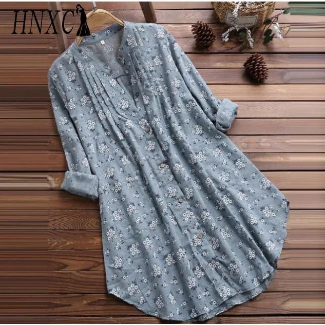 HNXC Autumn Women's Shirt V-neck Pleated Floral Print Long-sleeved Casual Top Shirt
