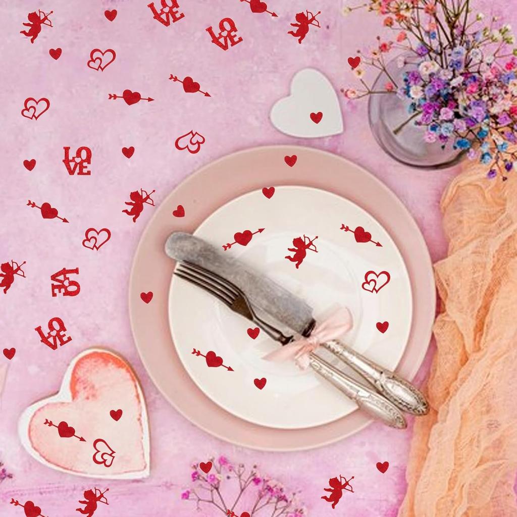 200PCS Valentine's Day Confetti Red Love Hearts Love Words Cupids Decor Confetti Valentines Glitter Paper Confetti for Valentines Day Party Favor