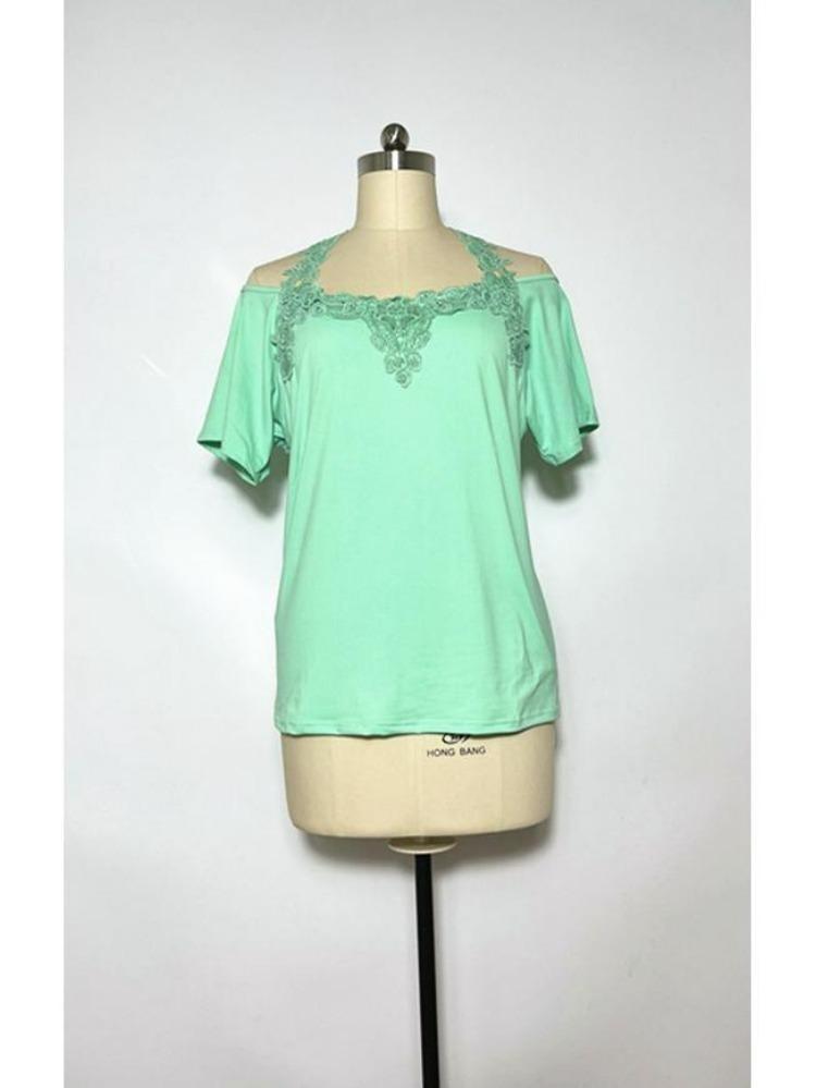 

Women s Casual American Style European Loose V Neck Short Sleeve T Shirt with Lace Splice 5XL зелений