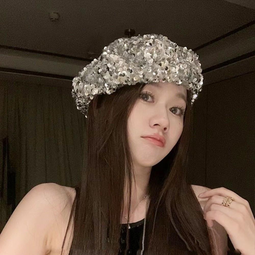 Sparkling Fashion Painter Hat Trendy Lady Octagonal Cap Glitter Sequin Beret Outdoors Activities