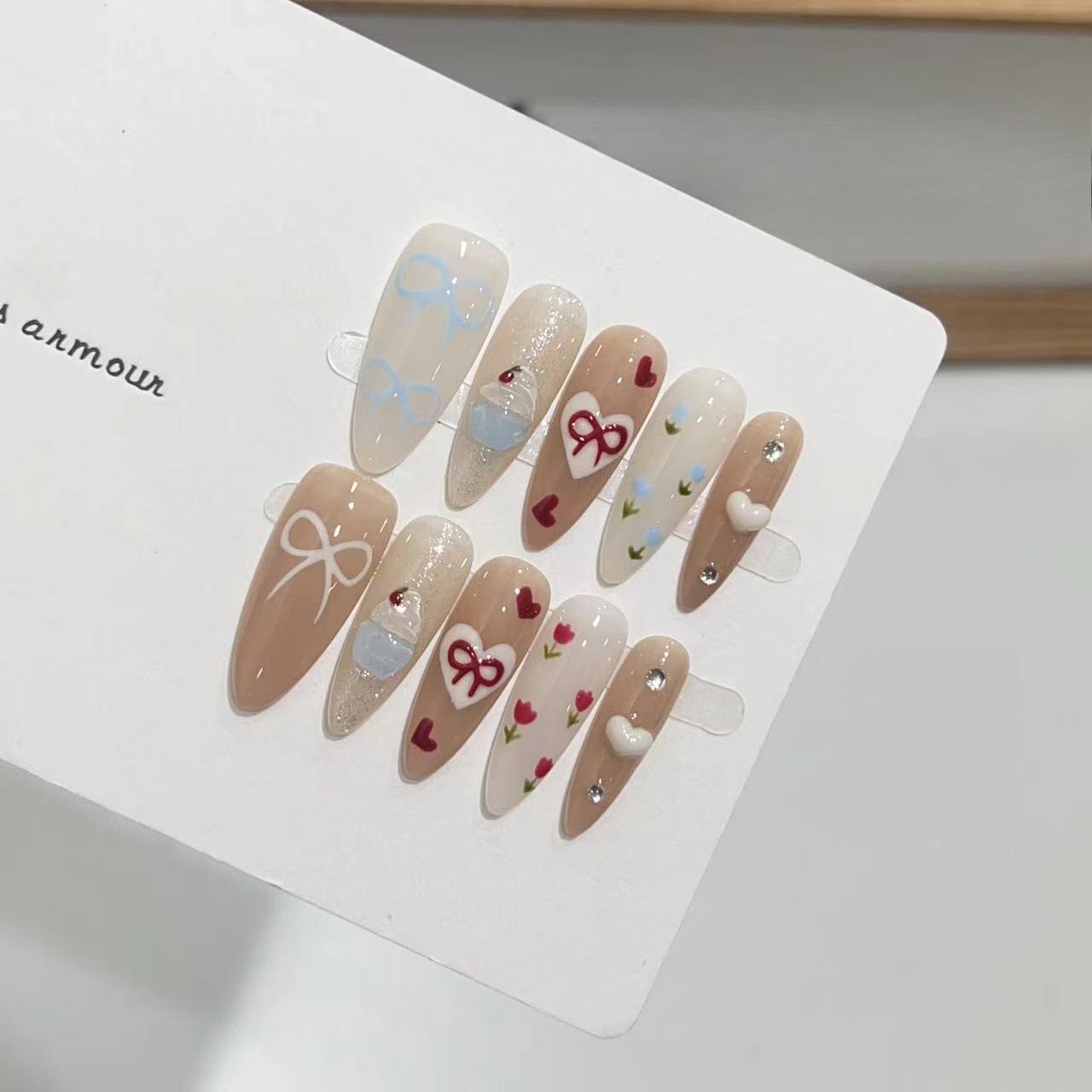 

Вишневое мороженое, ручной работы, нейл-арт, летний новый милый стиль, расписанные вручную накладные ногти, которые можно отсоединить Large L