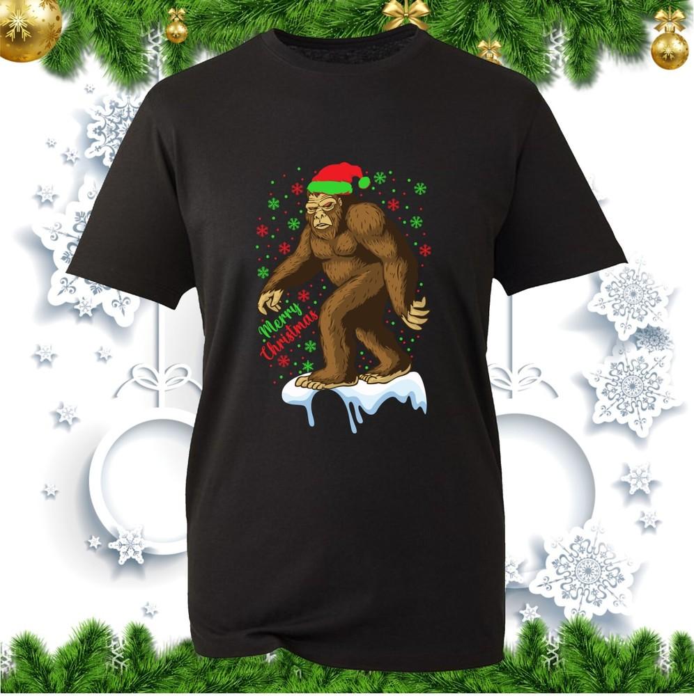 Merry Christmas Bigfoot Sasquatch TShirt Elf Santa Hat Funny Spoof Festive Tops