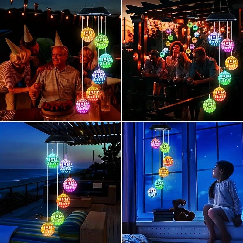 1pc Morocco Ball/Mirror Ball Solar Wind Chime Light Outdoor Garden Waterproof 6LED Hanging Lamp For Home Terrace Courtyard Decor