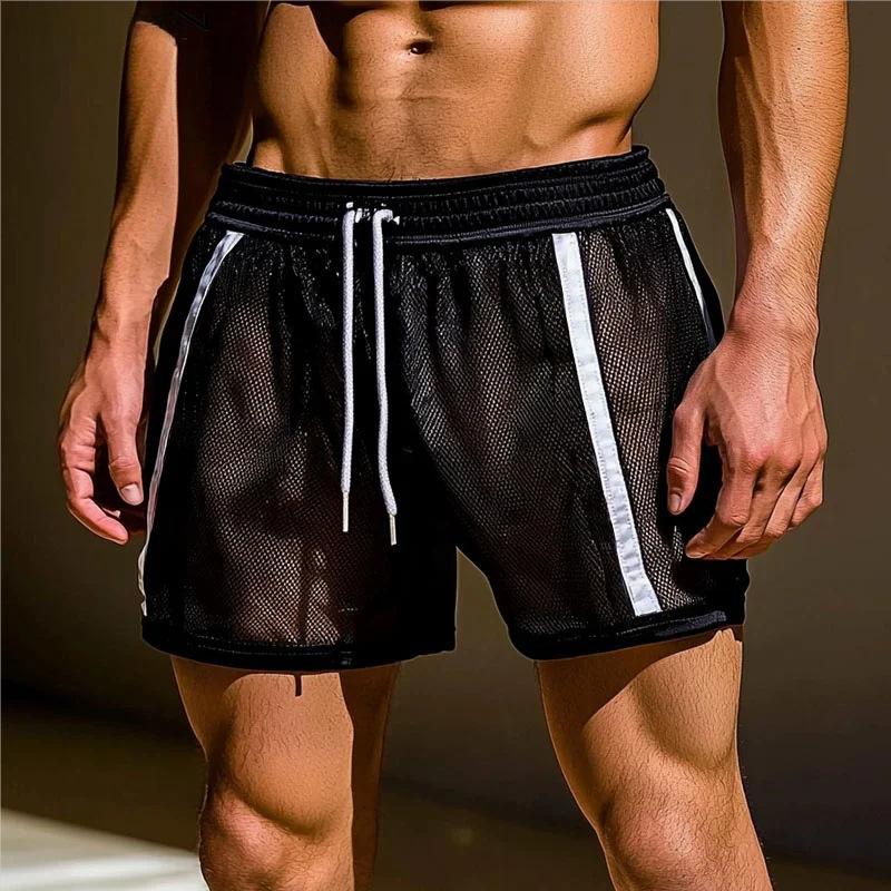 Pantaloncini Estivi Sottili alla Moda da Uomo in Rete Sexy Trasparenti con Strisce a Contrasto Pantaloni Sportivi Casual