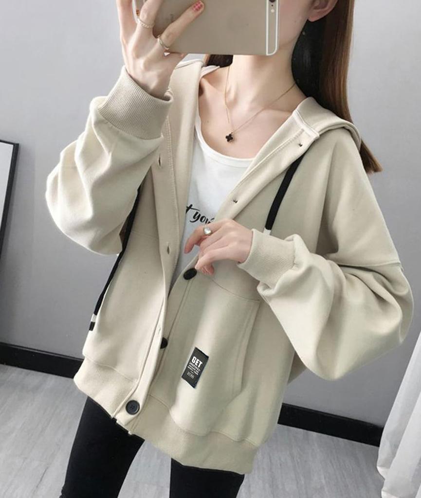 EASTEMPO Spring Long Loose Solid Plus Sizes Women's Hoodie, Sleeve, Fit, Lightweight, Stylish, Color, Casual, Cute, (JP, Alphabet, L, Beige)