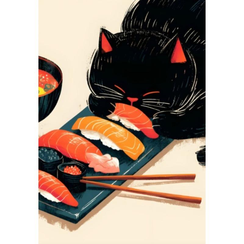 Vintage Japanese Cat Eat Ramen Sushi Maneki Neko Poster Kitchen Wall Art Apanese Cat Neko Wall Decor Canvas Painting Restaurant