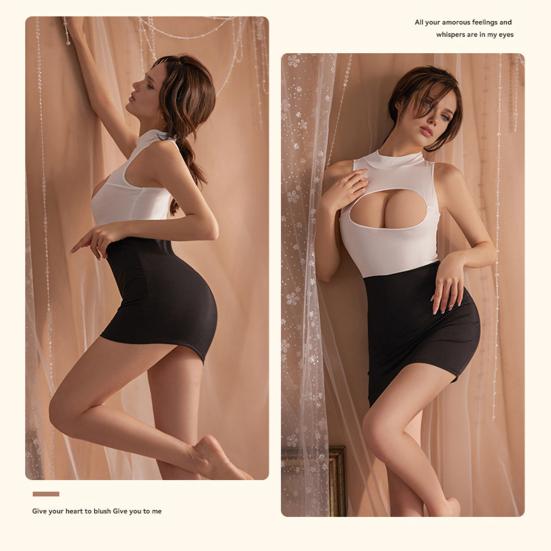 2Pcs/Set Women Nightdress with Pantyhose Hollow Chest Sleeveless Skinny Sheath Secretary Cosplay Uniform Club Dancing Mini