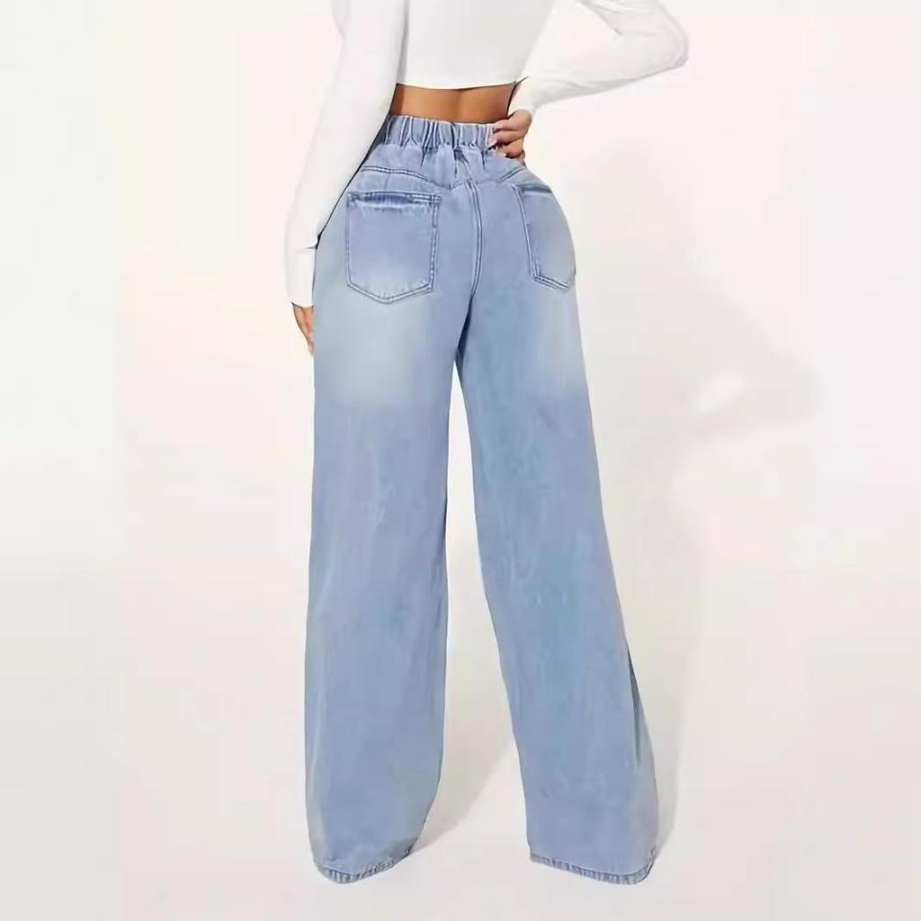 High Waist Light Blue Women's Wide Leg Drawstring Denim Jeans