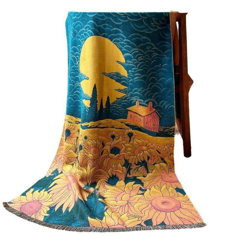 Autumn and winter new sunflower oil painting jacquard scarf women's high-end imitation cashmere shawl versatile thickened warm scarf