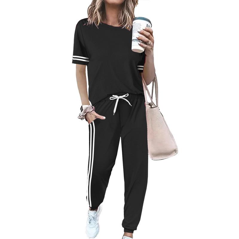 

Round Neck Short Sleeve Loose Top & Lace-up Jogger Pants Women s Two-Piece Set S чорний