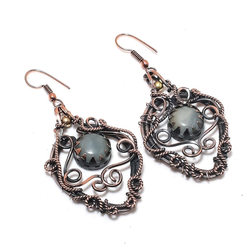 Aquamarine 999 Copper Wire Wrapped Earrings, Handmade Gemstone Earrings Jewelry, Gifts For Wife Brand New Earrings