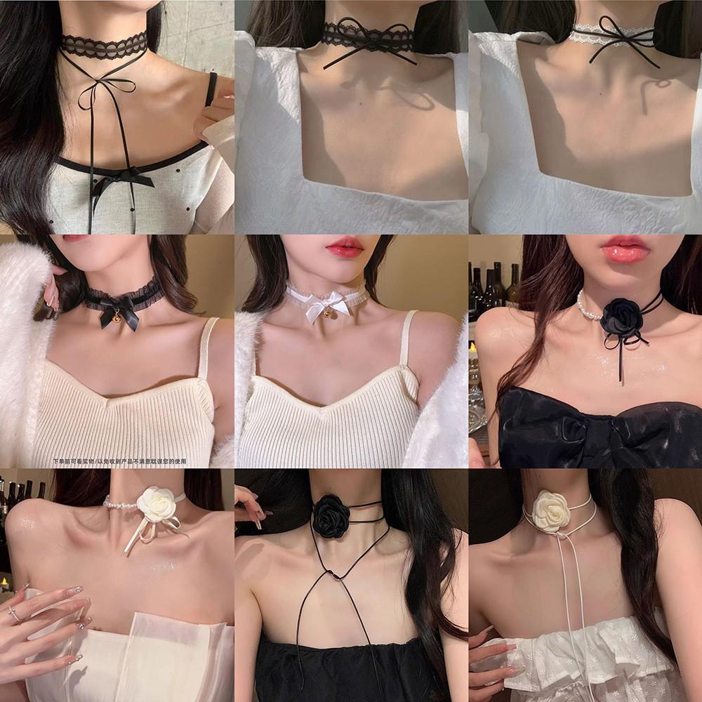 Lolita Camellia Choker Necklace for Women - Dark Clavicle Chain, Maid Style Neckband Collar