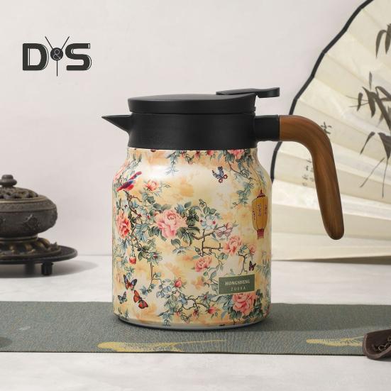 Tetera vintage con aislamiento floral de 1000 ml, mini cafetera, termo para oficina, infusor incorporado, jarra para bebidas, jarra térmica para café