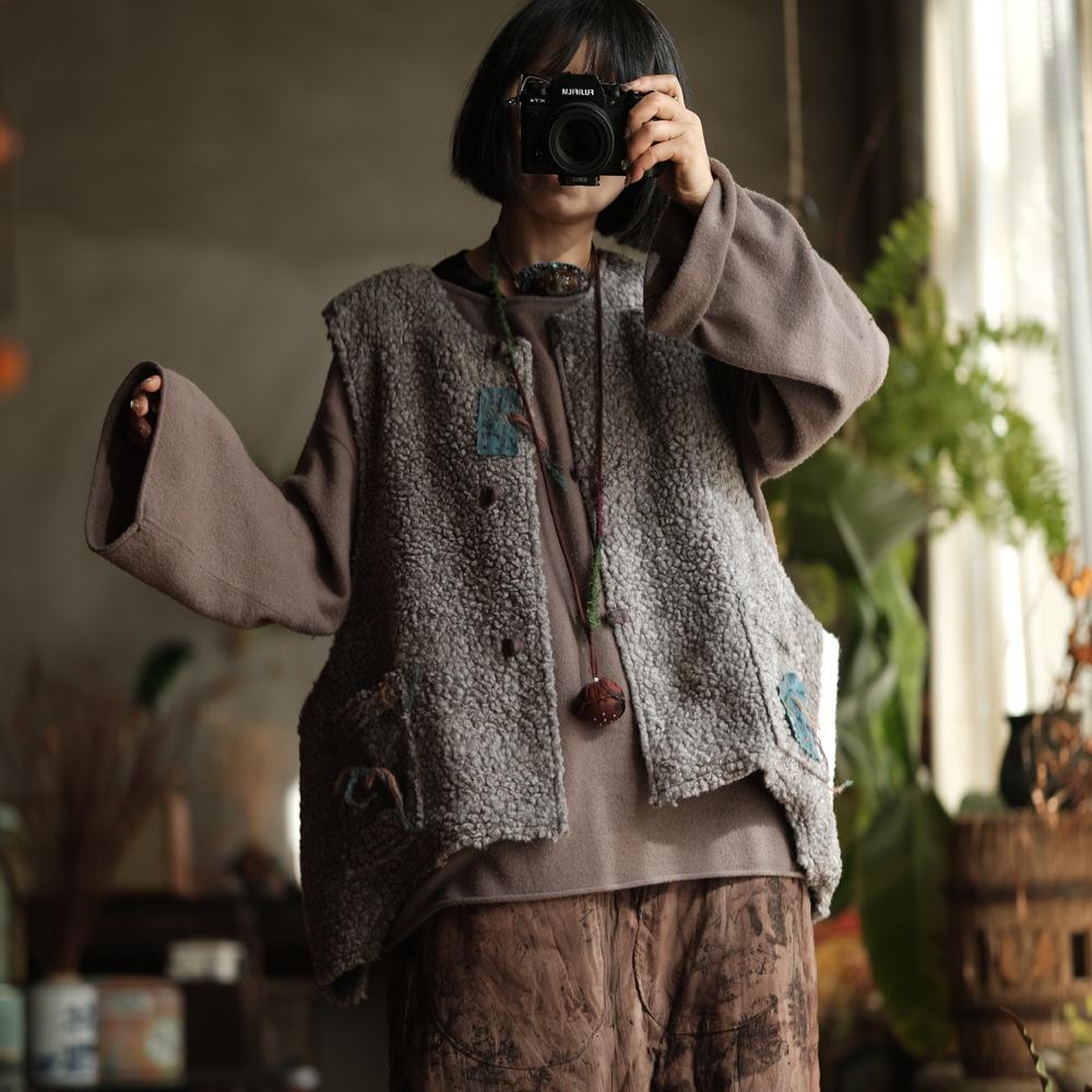 

Johnature Женские винтажные пальто без рукавов Серое лоскутное с карманами Пуговица Весна Круглый вырез в китайском стиле Женские пальто One Size серый