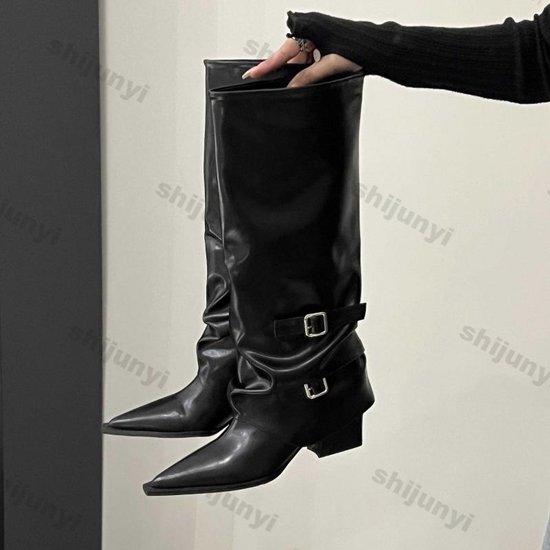Fashion Woman Pointed Knee Belt Buckle High Boots Women Autumn Winter Fashion Chunky Heel Thigh-high Boots Trend Leather Chelsea Botas