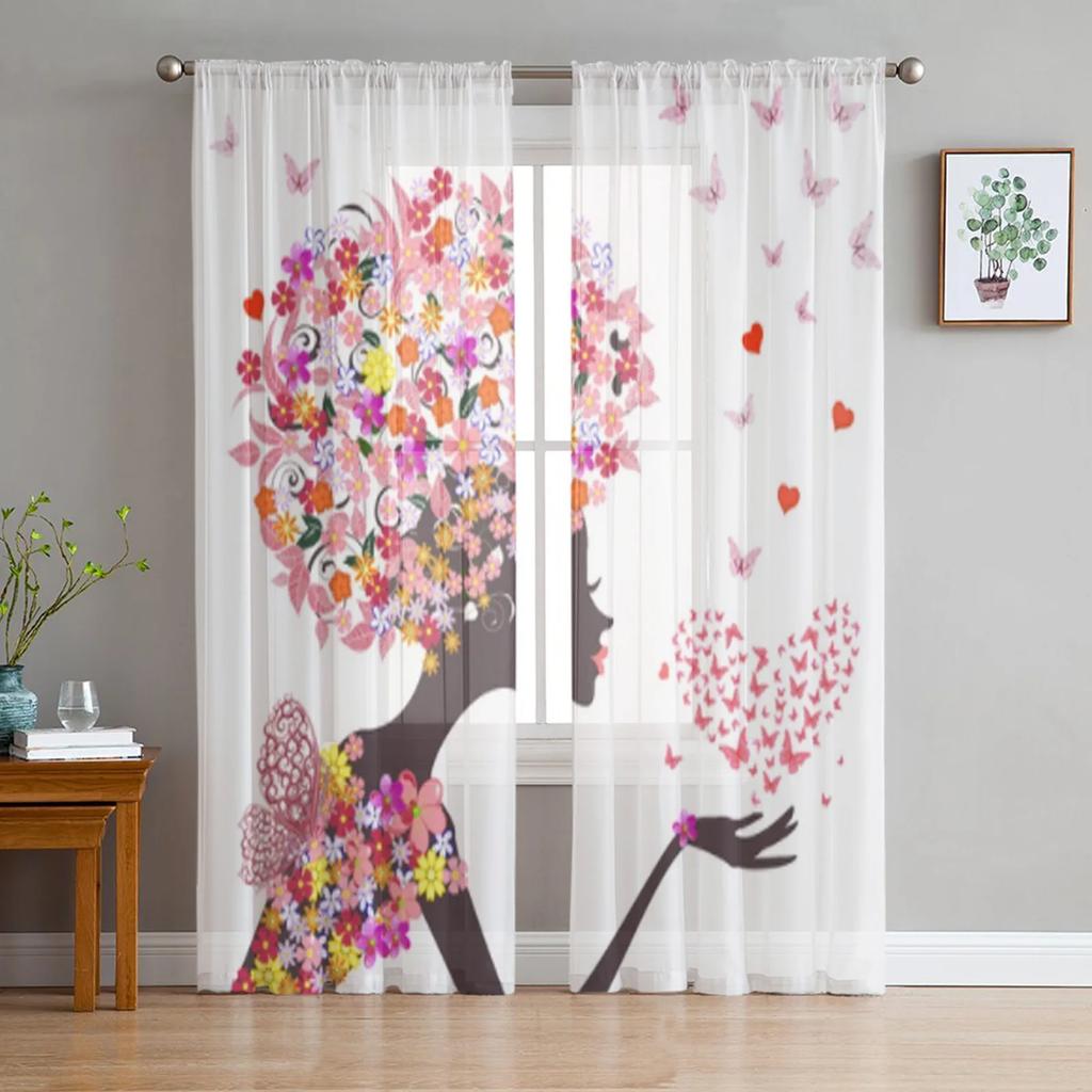 Forest Fairy Flower Butterfly Girl Tulle Curtains Living Room Bedroom Decor Chiffon Voile Kitchen Window Curtain Light Filtering For Made Of Polyester