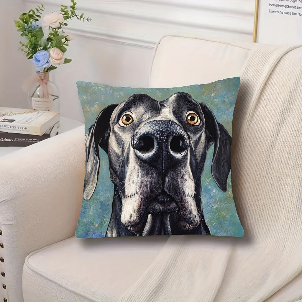 1Pc Great Dane Portrait Print Throw Pillow Cover,Suitable For Sofa,Bedroom,Living Room,A Stylish Gift For Animal Lovers