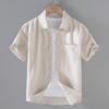 Men's Cotton Linen Short-Sleeved Shirt Summer Streetwear Plain Color Stand Collar Casual Beach Style plus Size M-3XL