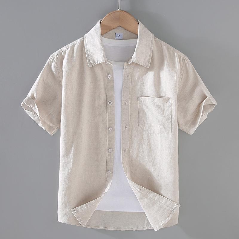 Men's Cotton Linen Short-Sleeved Shirt Summer Streetwear Plain Color Stand Collar Casual Beach Style plus Size M-3XL