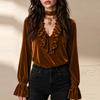Camicetta da Donna in Velluto con Scollo a V e Maniche Lunghe con Volant per Uso Quotidiano Casual