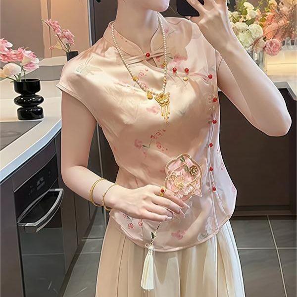 

Summer, summer, slim stand-up collar, versatile short-sleeved top, design T-shirt M [Recommended below 50kg] розовый