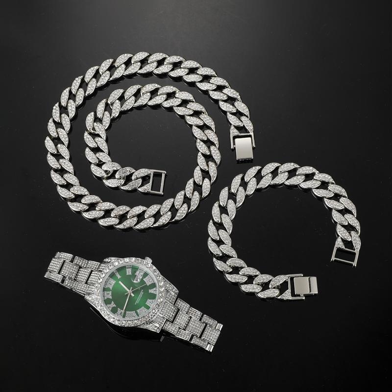 

Hip Hop 15MM 3PCS KIT Watch+Necklace+Bracelet Bling Crystal AAA+ Iced Out Rhinestones Cuban Chains For Women Men Jewelry
