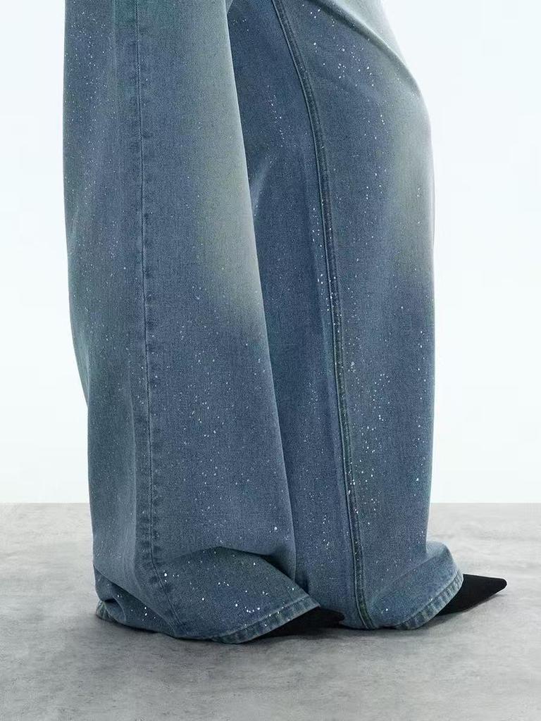 Starry Sky Shiny Wide-Leg Slimming High-Waisted Denim Pants for Women - Flaw-Concealing, Leg-Lengthening Straight Fit