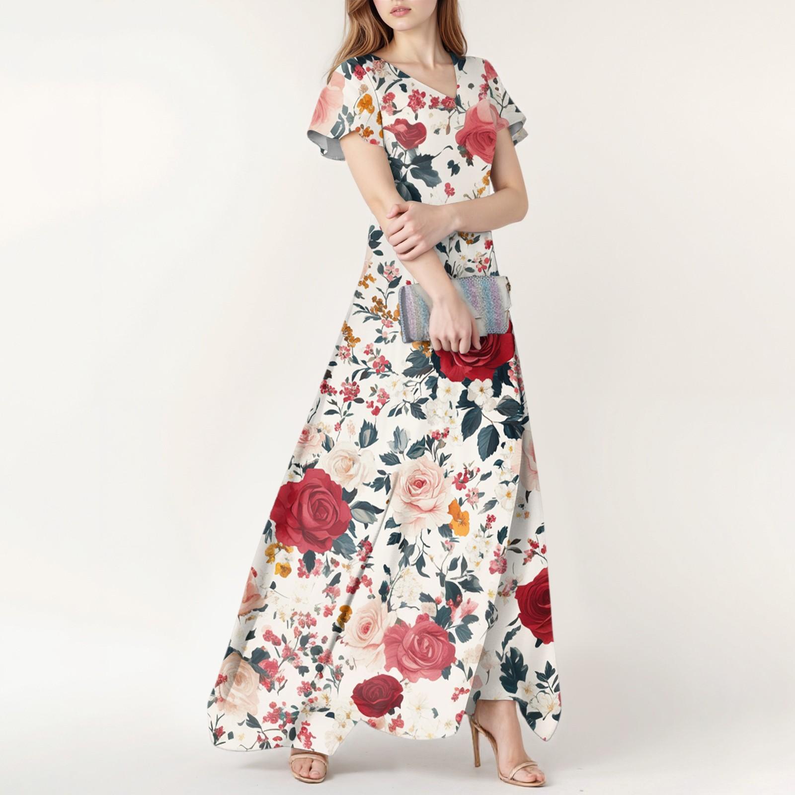 

Женское весенне-летнее повседневное модное платье с цветочным принтом и коротким рукавом, V-образный вырез XL красный