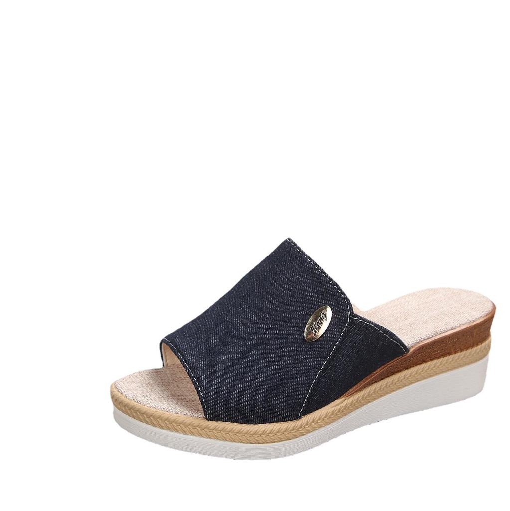 Foreign Trade Slope Heel Slippers Women's 2025 New European and American Thick Bottom Medium Heel Casual Beach Fish Mouth Cool Slippers Large Size