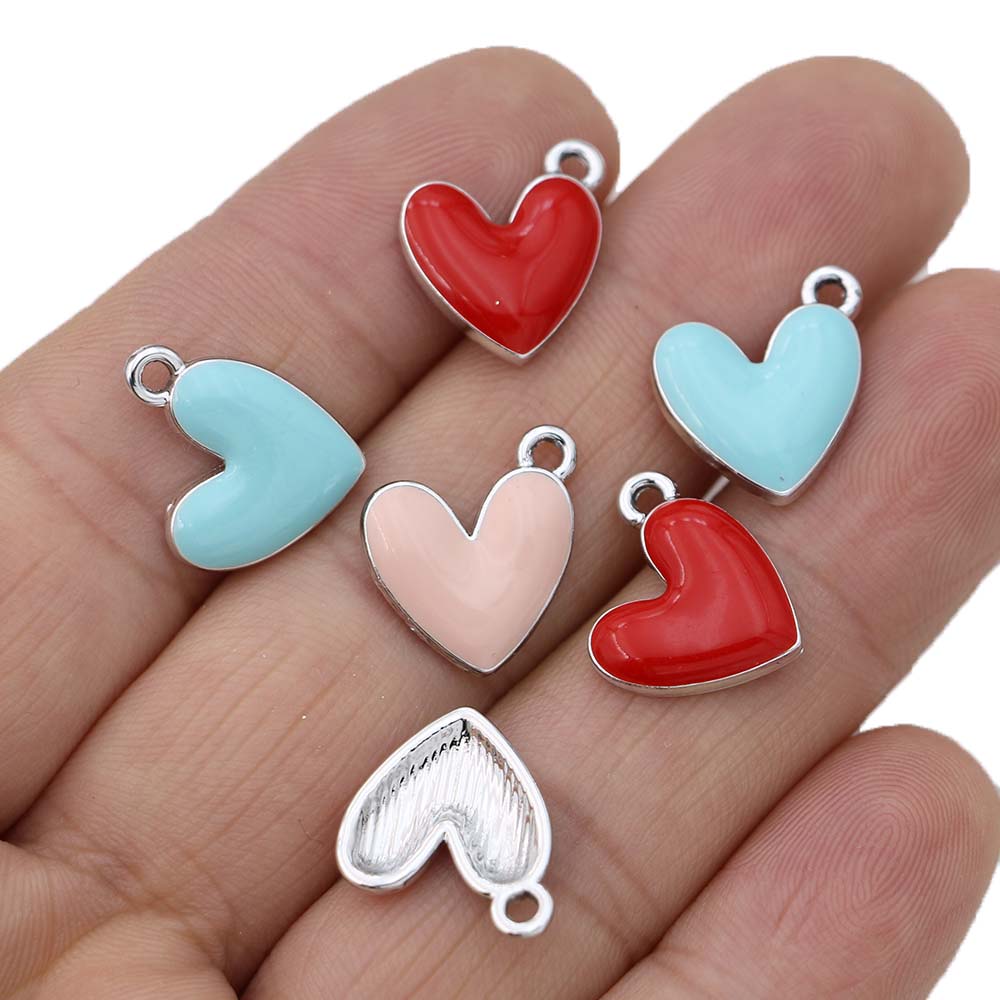 10Pcs Silver Plated Enamel Red Heart Charms Pendant For Jewelry Making Earrings Bracelet Necklace Accessories Diy Findings