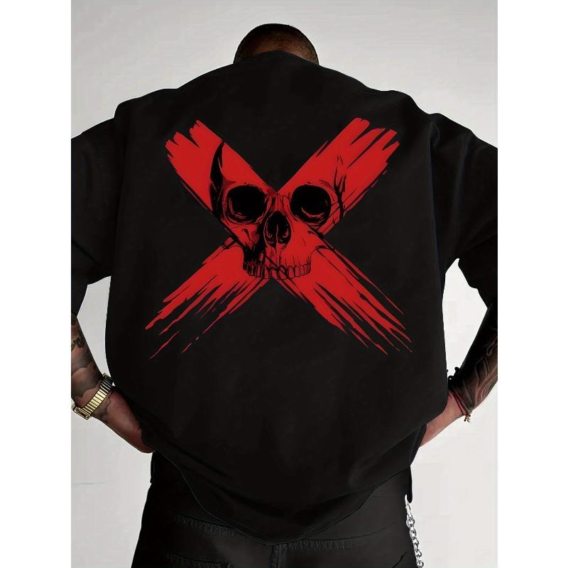 Round Neck T-Shirt - X Skull Print T-Shirt, Loose Fit, Breathable And Comfortable, Short Sleeves, Perfect for Halloween Gifts