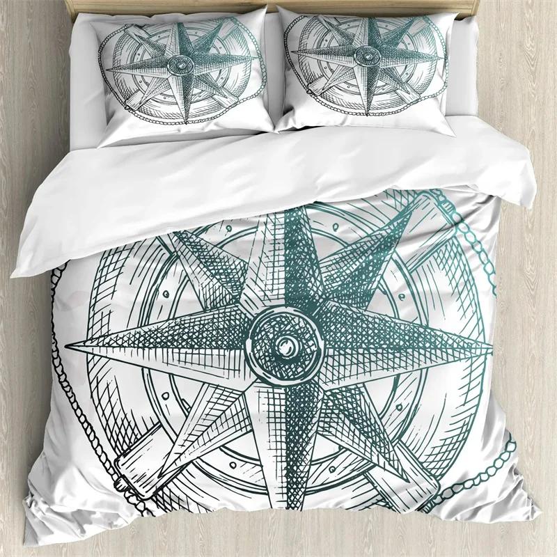 Duvet Cover Compass and Wind Rose Nautical Theme Voyage Words Decorative Bedding Blue White Room Decoration for Women Men Gifts