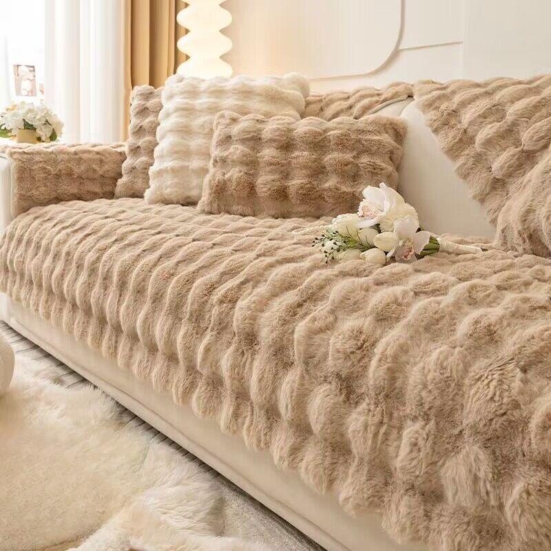 Rabbit Plush Sofa Cushion Winter Thickened Fleece Cushion Non-Slip Leather Sofa Cover Cover Cloth