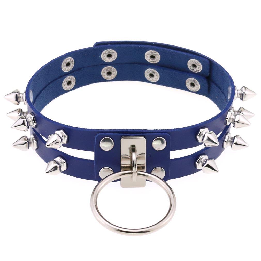 Double Line Rivet Spiked Choker, Cool Punk Hanging Ring Faux Leather Neckband