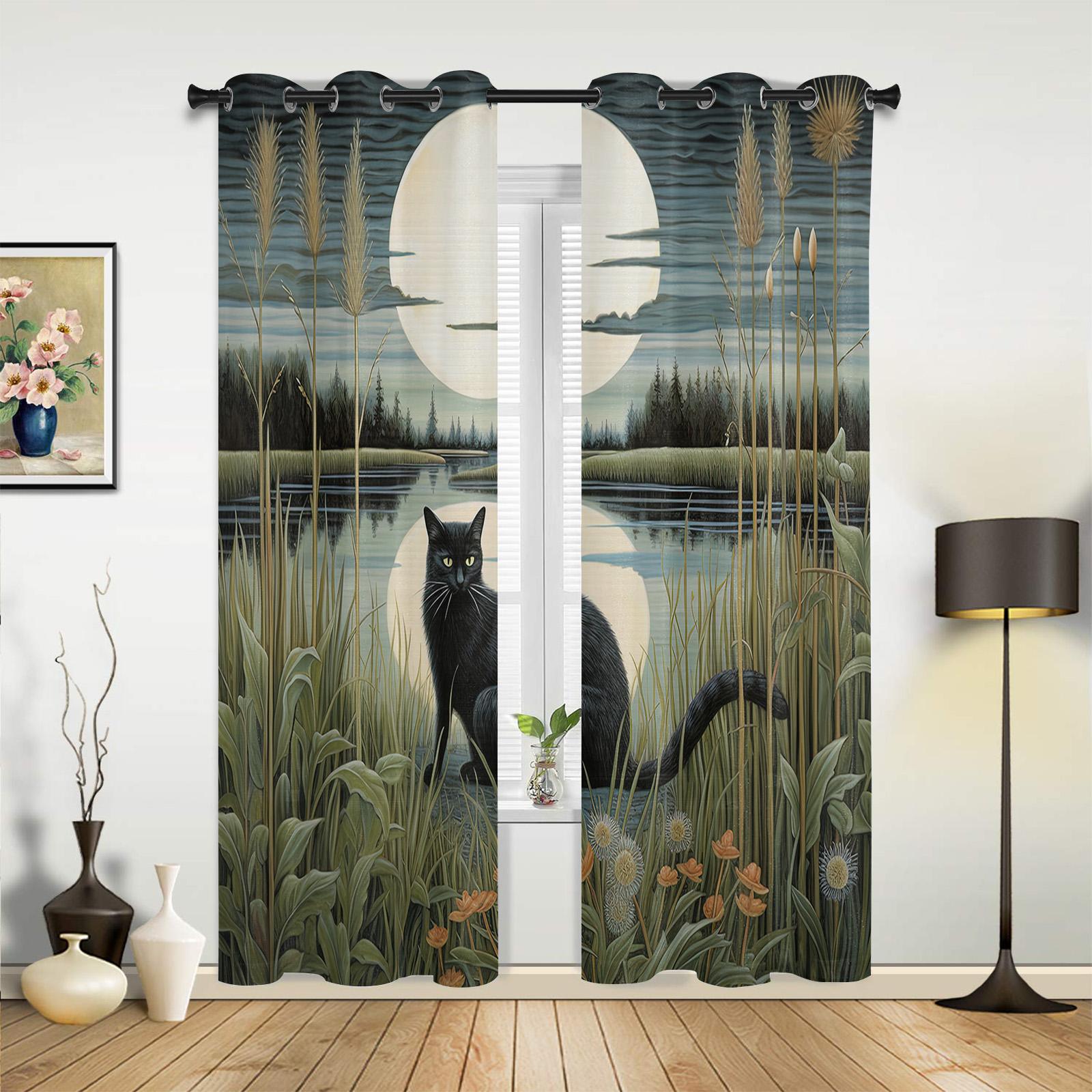 Шторы с отражением кота Луны и джунглей для спальни — фото 3