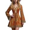 Women's Retro V-neck Print Long Sleeve Dress Bohemian A-line Swing Dress for Women