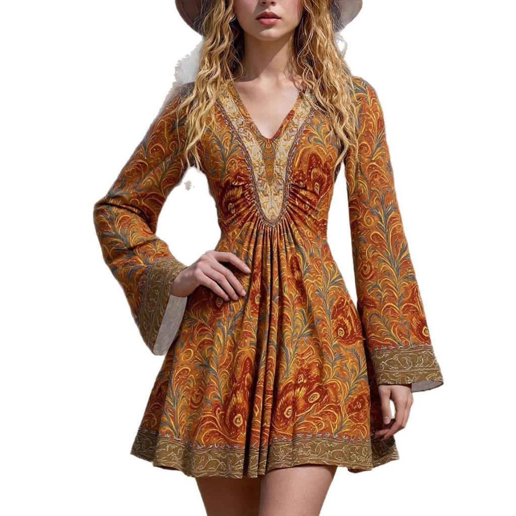 Women's Retro V-neck Print Long Sleeve Dress Bohemian A-line Swing Dress for Women