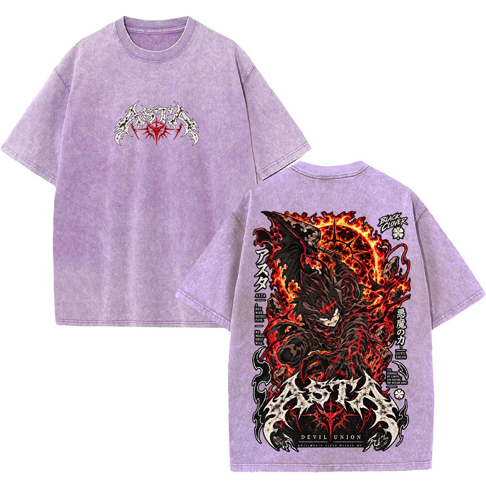 Asta Black Clover Manga Graphic T Shirt Vintage Washed Oversized Tee Streetwear Men Women Clothes Y2k Gothic 100% Cotton Tshirt